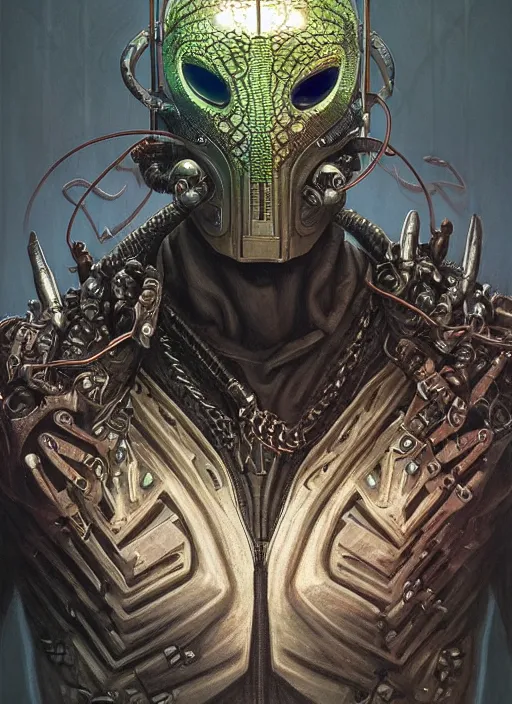 Image similar to cybernetic dj mf doom reptile eyes, metal colorful skin. intricate, elegant, highly detailed, centered, digital painting, artstation, concept art, smooth, sharp focus, illustration, artgerm, tomasz alen kopera, peter mohrbacher, donato giancola, joseph christian leyendecker, wlop, frank frazetta