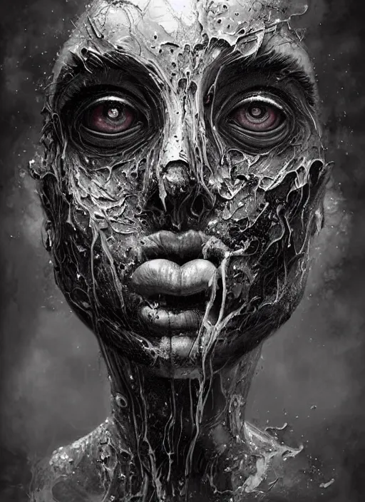 Prompt: a dream portrait of a anthropomorphic fisj, black & white, melting, webbing, 8 k, by tristan eaton, stanley artgerm, tom bagshaw, greg rutkowski, carne griffiths, ayami kojima, beksinski, giger, trending on deviantart, face enhance, hyper detailed, minimalist, horror, alien