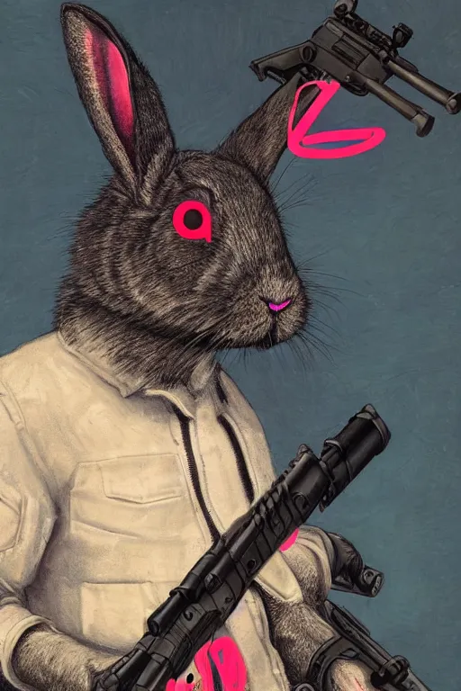 Image similar to portrait of neon fur rabbit with red eyes and a machine gun , 8k, highly detailed, sharp, realistic, in style of Brom