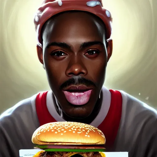 Image similar to portrait of tyrone biggums eating hamburgers, extra onions and ketchup, luscious patty with sesame seeds, ethereal, handsome, d & d, fantasy, intricate, elegant, highly detailed, digital painting, artstation, concept art, matte, sharp focus, illustration, art by artgerm and greg rutkowski and alphonse mucha