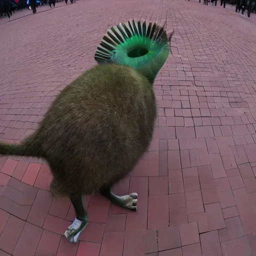 Prompt: epic photo giant kiwi standing on red square