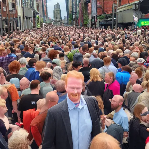 Prompt: a 7 foot tall, ginger, balding middle aged man walking among the crowd