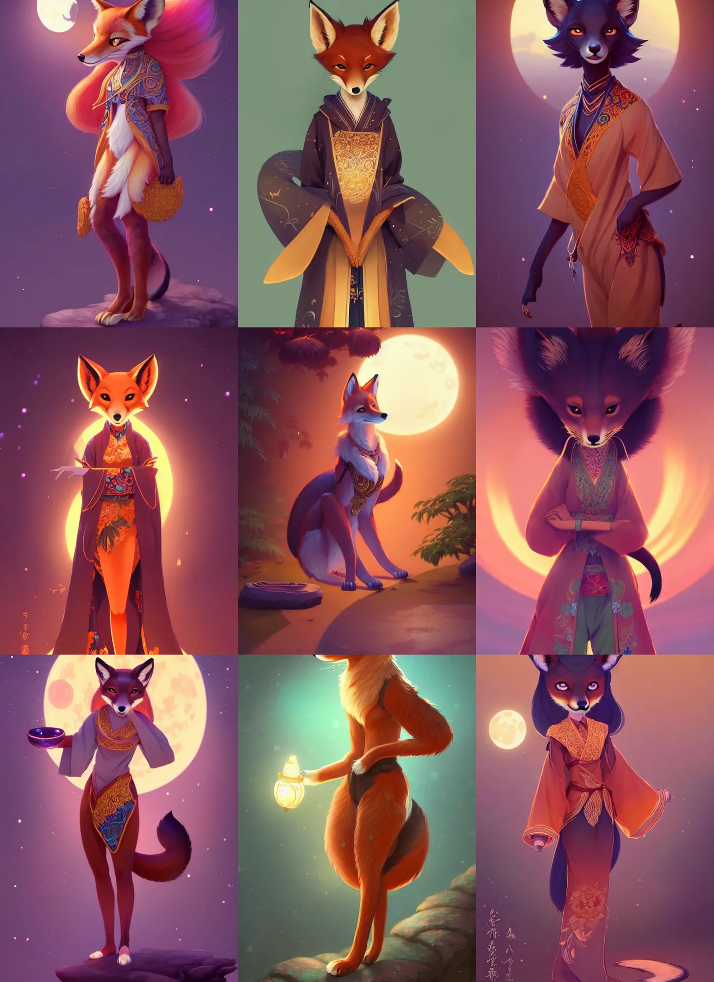Prompt: full body portrait of a female anthropomorphic melanated fox fursona wearing an ornate kimono in a zen garden at night in the moon. character design by disney, charlie bowater, ross tran, artgerm, and makoto shinkai, detailed, soft lighting, rendered in octane