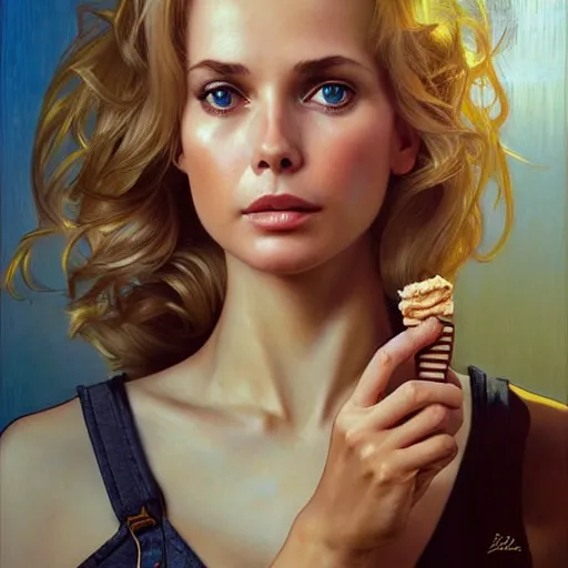 Image similar to portrait of a blonde fuller figured barbara bach from the bond film wearing dungarees and eating ice creams in porto, real life skin, intricate, elegant, highly detailed, artstation, concept art, smooth, sharp focus, art by artgerm and greg rutkowski and alphonse mucha