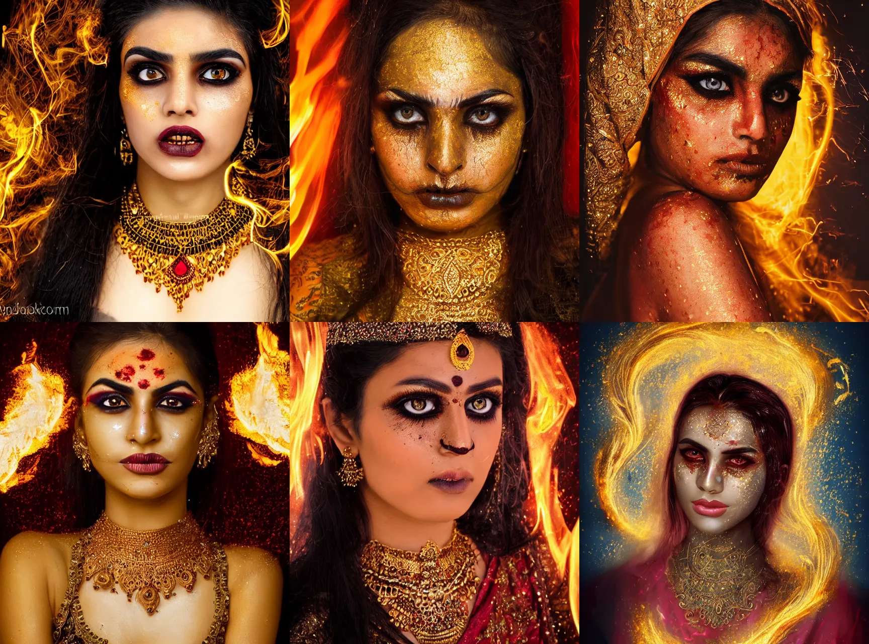 Prompt: A realistic portrait of a beautiful intense and angry pakistani female jinn, golden glowing eyes and golden eyeliner, gold freckles, her cheeks charred and burning, red traditionnal bridal face makeup, hairs made of flames and smoke, embers and ashes in the air