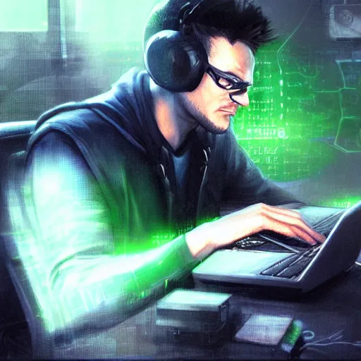 Prompt: a hacker sitting at his computer with green glare by raymond swanland, highly detailed