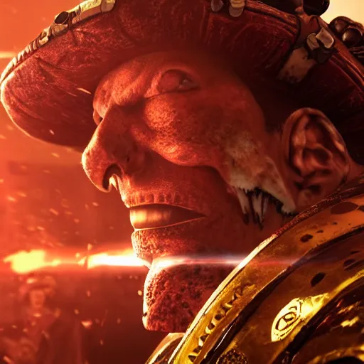 Image similar to Portrait of Luffy as the emperor of humanity from warhammer 40k in Gears of War, splash art, movie still, cinematic lighting, dramatic, octane render, long lens, shallow depth of field, bokeh, anamorphic lens flare, 8k, hyper detailed, 35mm film grain