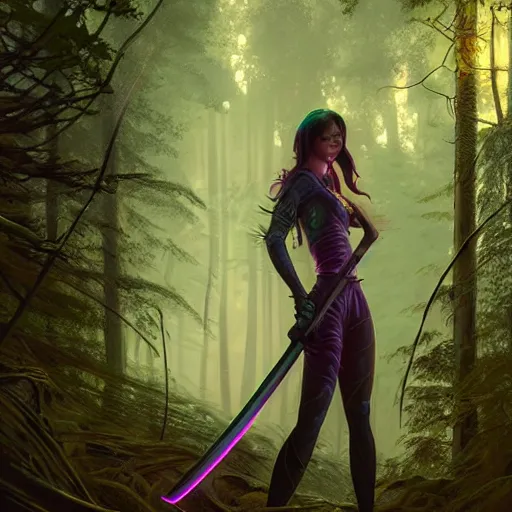 Prompt: woman with neon katana in a forest at night, highly detailed, professional digital painting, Unreal Engine 5, Photorealism, HD quality, 8k resolution, cinema 4d, 3D, cinematic, professional photography, art by artgerm and greg rutkowski and alphonse mucha and loish and WLOP
