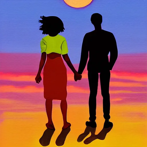 Prompt: man and woman holding hands while looking into the rising sun, painting style, vaporwave