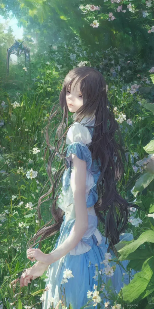 Image similar to a loli with long hair in a dress in the privet garden at after noon, green and warm theme, blue accents, low angle, back lighting, highly detailed, 4 k resolution, trending on art station, by krenz cushart and mucha and akihito yoshida and greg rutkowski