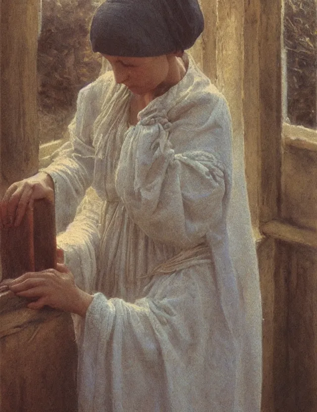 Image similar to peasant woman praying in a curch, cottage core, cinematic focus, polaroid photo bleached vintage pastel colors high - key lighting, soft lights, foggy, by steve hanks, by lisa yuskavage, by serov valentin, by tarkovsky, detailed, oil on canvas