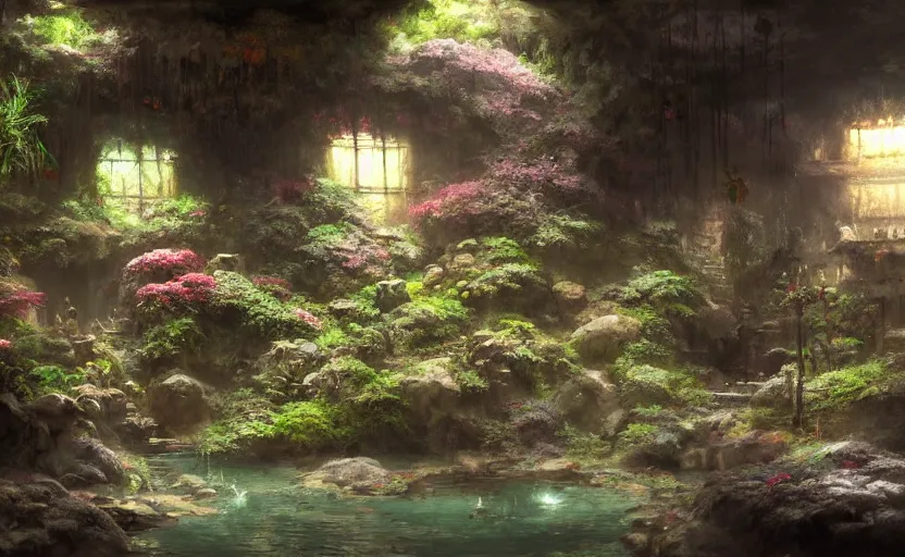 Prompt: painting of an interior of a hidden japanese hotspring in a small cave, fantasy, lush plants and flowers, natural light, concept art, by craig mullins, cozy atmospheric and cinematic lighting, trending on artstation