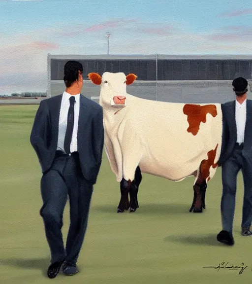 Prompt: realistic art portrait of walking cows wearing dress suit boarding an airliner at airport