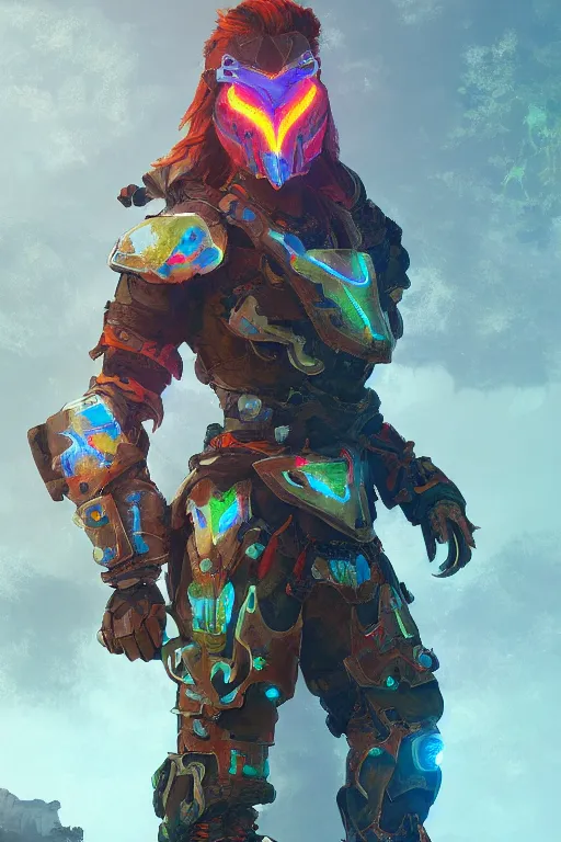 Image similar to combination suit armor aloy horizon forbidden west horizon zero dawn radiating a glowing aura global illumination ray tracing hdr fanart arstation by ian pesty and alena aenami artworks in 4 k tribal robot ninja mask helmet backpack