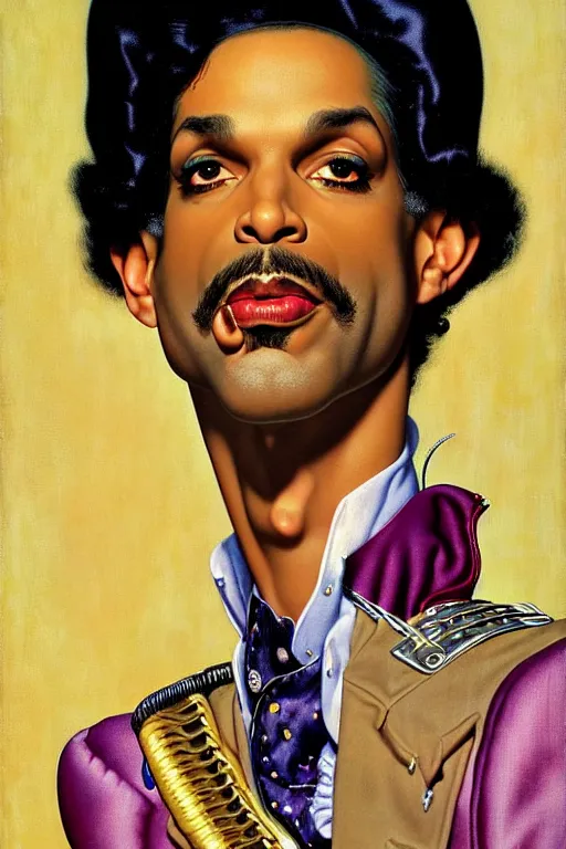 Image similar to prince rogers nelson portrait by gil elvgren and norman rockwell and rob gonsalves and hajime sorayama, hyperrealistic, high detail, ultra detailed, highly detailed face, ruffled fabric