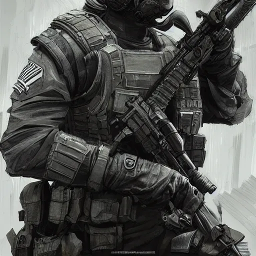 Image similar to Anguished Mercenary Special Forces soldier in grey uniform with black armored vest in 2020, by Cedric Peyravernay, highly detailed, excellent composition, cinematic concept art, dramatic lighting, trending on ArtStation