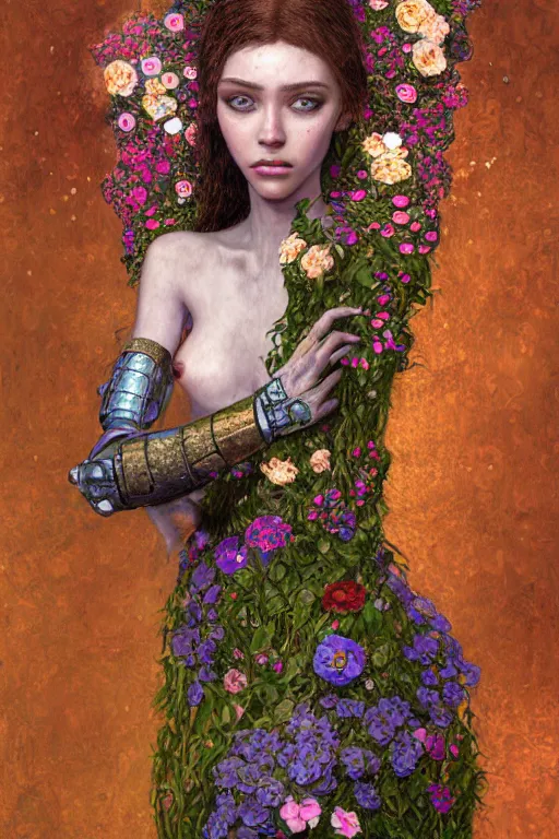 Prompt: portrait of beautiful young mainem, warhammer, cyber armor, a lot of more scars, more and more flowers, the middle ages, highly detailed, artstation, illustration, sylvari portrait, 8 k quality, art by gustav klimt