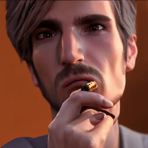 Image similar to a closeup photo of handsome gigachad xqc smoking a cigar, 8k photorealism, extremly detailed, trending on artstation