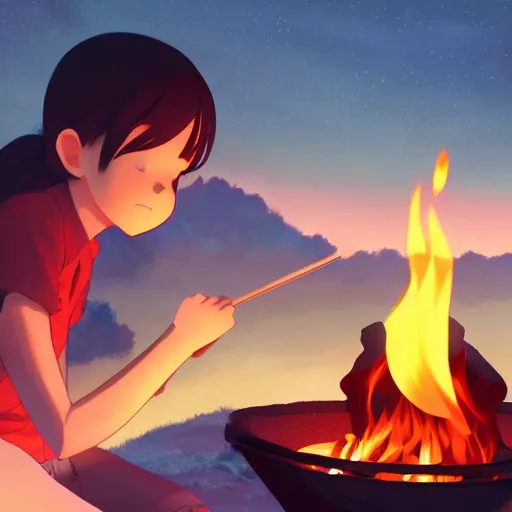 Image similar to a girl roasting a marshmallow over a campfire, warm and wholesome glow, anime scene by Makoto Shinkai, digital art, 4k