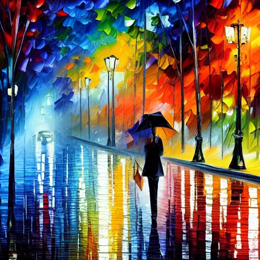 Prompt: a paint of rainy street by leonid afremov.