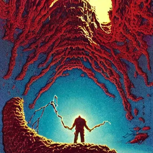 Prompt: rip torn entering a chasm full of unspeakable cosmic horrors, horror, blood red, terrifying atmosphere, atmospheric, by moebius, 8 k