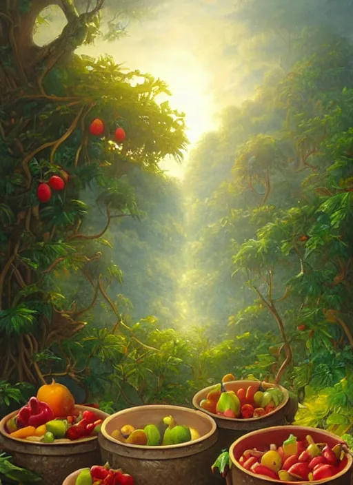 Image similar to a beautiful painting of pots filled with fruits and food in the jungle, close up, abundance, art by christophe vacher