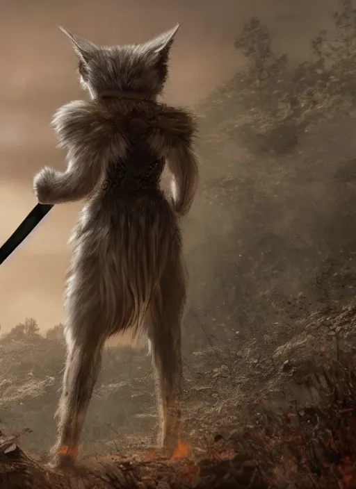 Image similar to a bipedal cat with a sword in elden ring, gameplay, 8k, hd