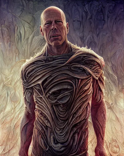 Prompt: bruce willis, by antonio j. manzanedo, giger, alex grey, android jones, wayne barlowe, philippe druillet, raymond swanland, cyril rolando, josephine wall, harumi hironaka, trending on artstation