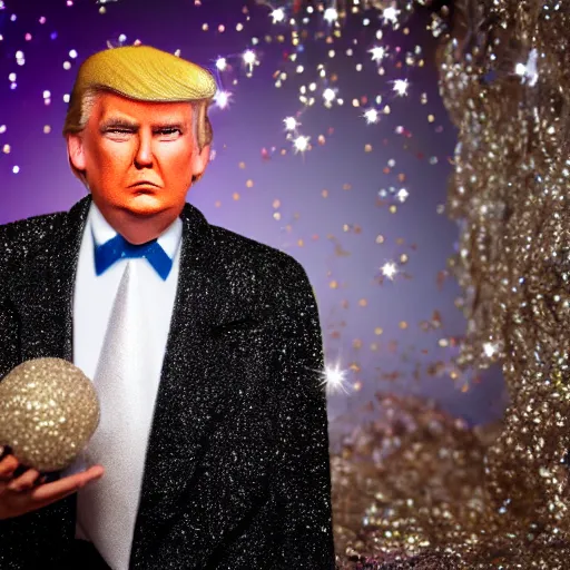 Image similar to Donald Trump with silver-violet hair, white eyes and golden glittery dress, wide lens, diorama, 4k,