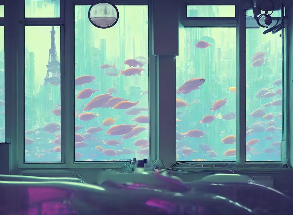 Image similar to telephoto 7 0 mm f / 2. 8 iso 2 0 0 photograph depicting the feeling of power in a cosy cluttered french sci - fi ( art nouveau ) pale cyberpunk apartment in a pastel dreamstate art cinema style. ( aquarium, gym, window ( city ), led indicator, lamp ( ( ( gym ) ) ) ), ambient light.