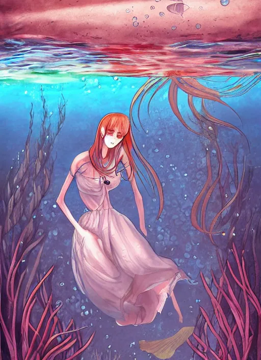 Prompt: long dress underwater in the sea, art by ex machina,