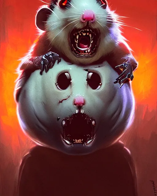 Image similar to wrecking ball the hamster from overwatch, with an evil and crazy look inn her eyes, character portrait, portrait, close up, concept art, intricate details, highly detailed, horror poster, horror, vintage horror art, realistic, terrifying, in the style of michael whelan, beksinski, and gustave dore