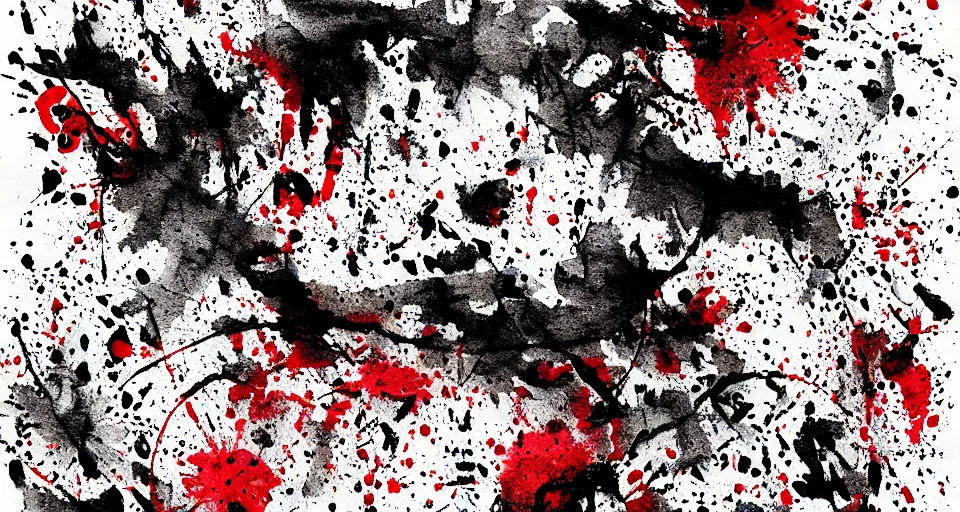 Prompt: category b film poster, ink painting with patterns, texture, blood splatter on the sides and trace of a shot in centre, sharp render, painting, grainy tape, distortion, few details,