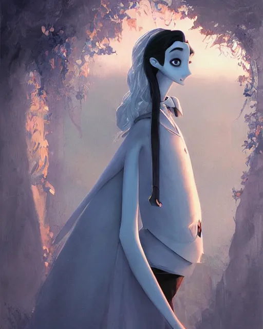 Image similar to elegant mysterious solemn desperate male victor van dort from the movie the corpse bride, portrait, illustration, the land of the death, rim light, top light, summer clear blue sky, perfectly shaded, soft painting, art by krenz cushart and wenjun lin