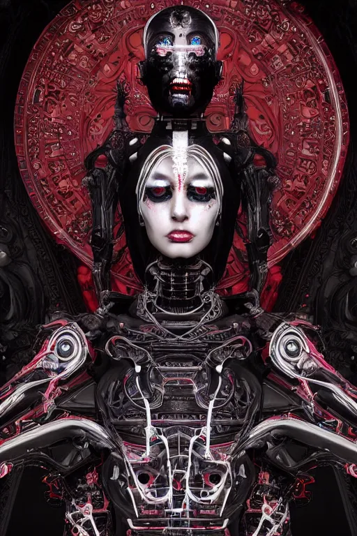 Prompt: full-body cyberpunk style sculpture of a young beautiful dark priestess, half android with a head opening exposing circuitry, glowing red eyes, black roses, flowing blood-red colored silk, fabric, candles, baroque elements, human skull, full-length view. baroque element, intricate artwork by Caravaggio. crows flying in background. Trending on artstation. octane render, cinematic lighting from the right, hyper realism, octane render, 8k, depth of field, 3D