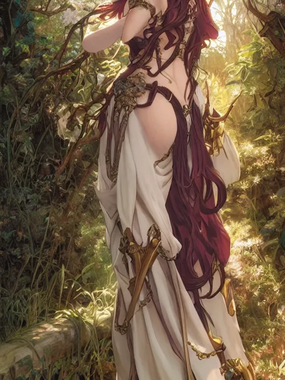 Image similar to anime key visual of amora the enchantress with her back to the camera wearing a medieval gown!! intricate, magical forest, stunning, highly detailed, digital painting, artstation, smooth, hard focus, illustration, art by artgerm and greg rutkowski and alphonse mucha