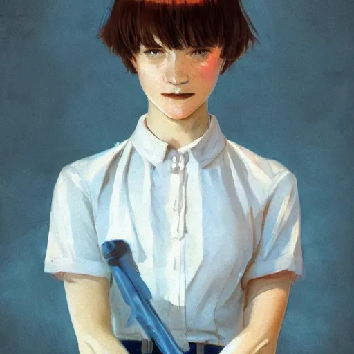 Image similar to a highly detailed epic cinematic concept art CG render digital painting artwork: Rei Ayanami as a 1950s boy played by Alicia Vikander. By Greg Rutkowski, Ilya Kuvshinov, WLOP, Stanley Artgerm Lau, Ruan Jia and Fenghua Zhong, trending on ArtStation, subtle muted cinematic colors, made in Maya, Blender and Photoshop, octane render, excellent composition, cinematic atmosphere, dynamic dramatic cinematic lighting, precise correct anatomy, aesthetic, very inspirational, arthouse
