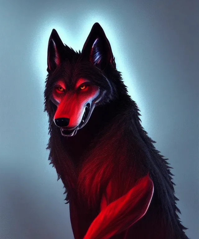 Prompt: award winning painting of a anthropomorphic black male wolf fursona long red hair | | artstation, pinterest, volumetric lighting, highly detailed, photorealistic