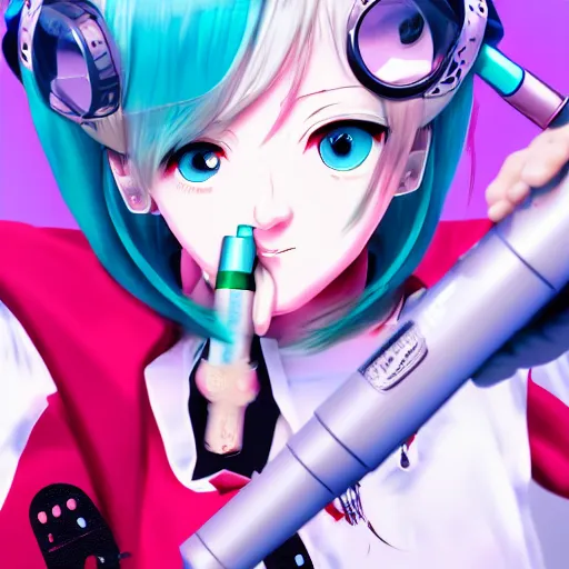 Image similar to hatsune miku smoking weed with a vape pen, smoke coming out of her mouth, bloodshot eyes, artstation, 4 k