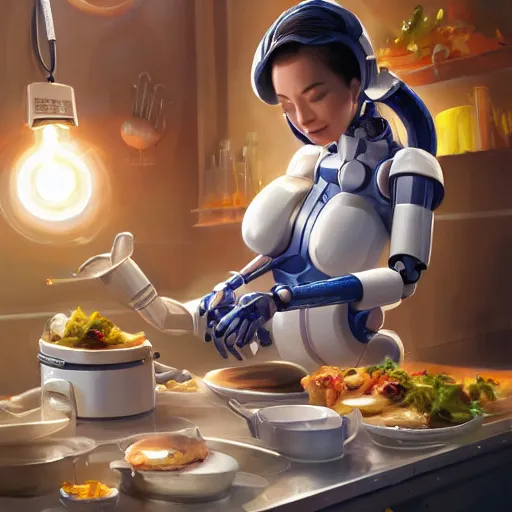 Image similar to a beautiful robot girl cooking breakfast | | cute - fine - face, pretty face, fine details by stanley artgerm lau, wlop, rossdraws, james jean, andrei riabovitchev, marc simonetti, and sakimichan, trending on artstation