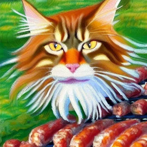 Image similar to beautiful impressionist painting of an ginger maine coon with a white beard cooking some sausages on a pan