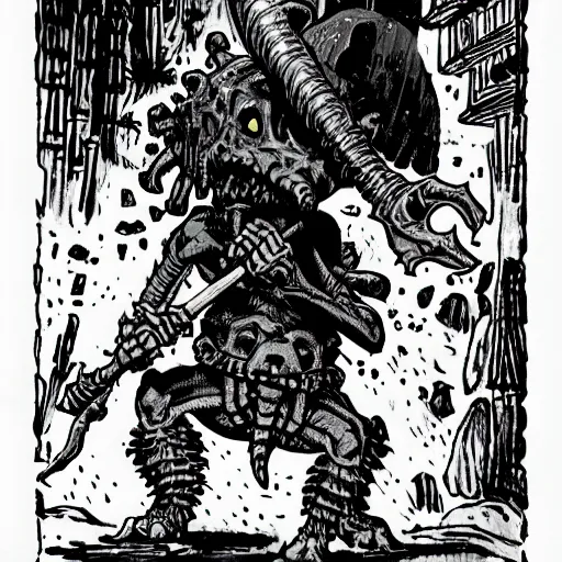 Prompt: A kobold skulks about in a cave. Dark Fantasy, Film Noir, Black and White. High Contrast, Mike Mignola, D&D, OSR