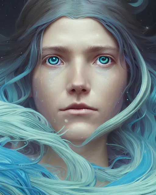 Image similar to highly detailed surreal vfx portrait of female water mage with long - brown flowing hair, blue eyes, stephen bliss, unreal engine, greg rutkowski, loish, rhads, beeple, makoto shinkai and lois van baarle, ilya kuvshinov, rossdraws, tom bagshaw, alphonse mucha, global illumination, detailed and intricate environment