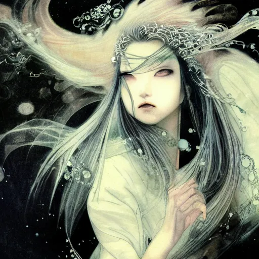 Image similar to yoshitaka amano blurred and dreamy realistic illustration of a young japanese woman with black eyes, wavy white hair fluttering in the wind wearing elden ring armor with engraving, abstract patterns in the background, satoshi kon anime, noisy film grain effect, highly detailed, renaissance oil painting, weird portrait angle, blurred lost edges, three quarter view