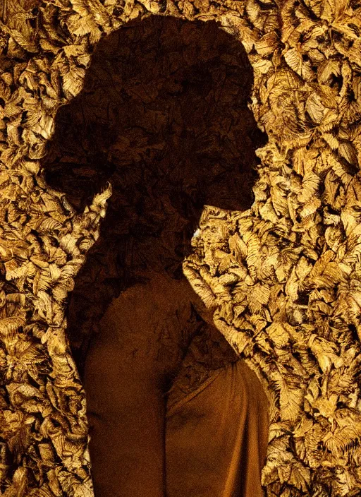 Prompt: a woman's face in profile, made of dried leaves, in the style of the dutch masters and gregory crewdson, dark and moody