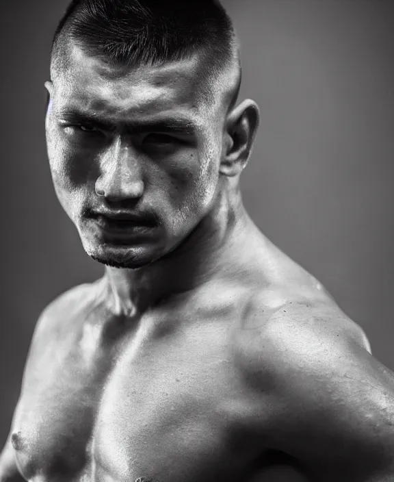 Prompt: heroic portrait of a handsome young mexican mma fighter, art by denys tsiperko and bogdan rezunenko, hyperrealism