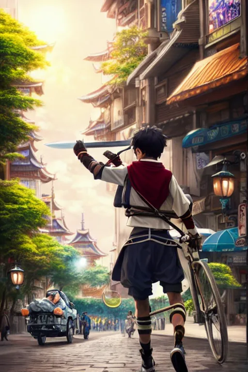 Image similar to ultra detailed keyart of sci - fy movie, a boy carrying a sword in his back is riding a simple bycycle in the main street of isekai shinjuku