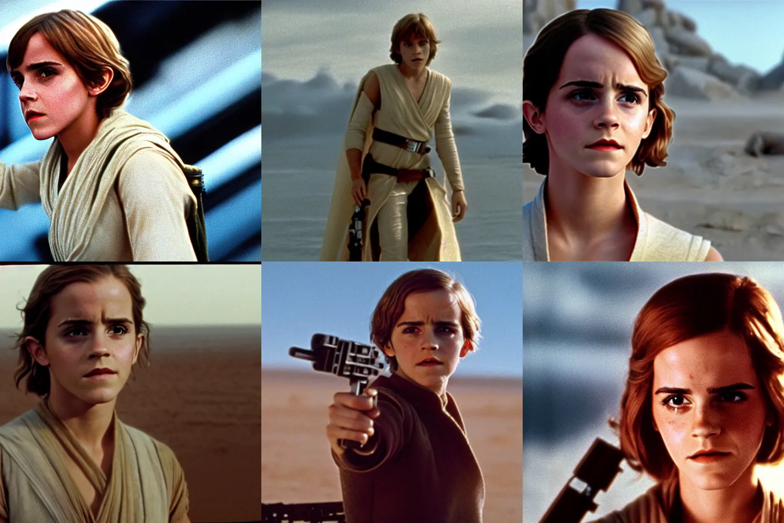 Prompt: Film still of Emma Watson as Luke Skywalker in Star Wars (1977)