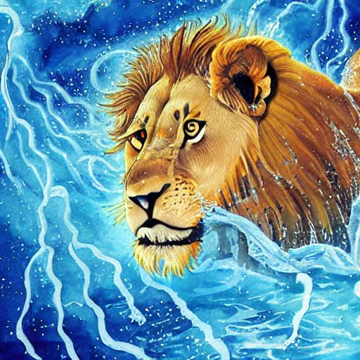 Image similar to a male lion's face breaching through a wall of water, water sprites, splashing, deep blue water color, highly detailed