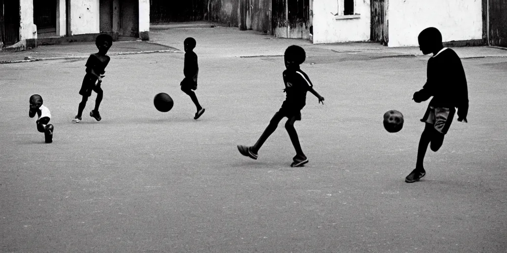 Image similar to street, black kids playing football, 1 9 8 0 s film photography, exposed b & w photography, christopher morris photography, bruce davidson photography, peter marlow photography